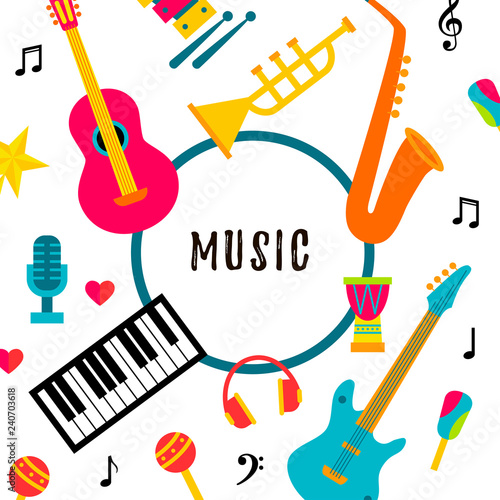 Photography Music instruments concept with round place for text on white background