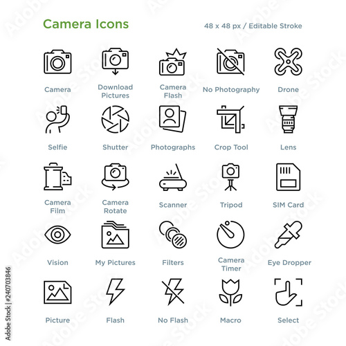 Camera Icons - Outline styled icons, designed to 48 x 48 pixel grid. Editable stroke.