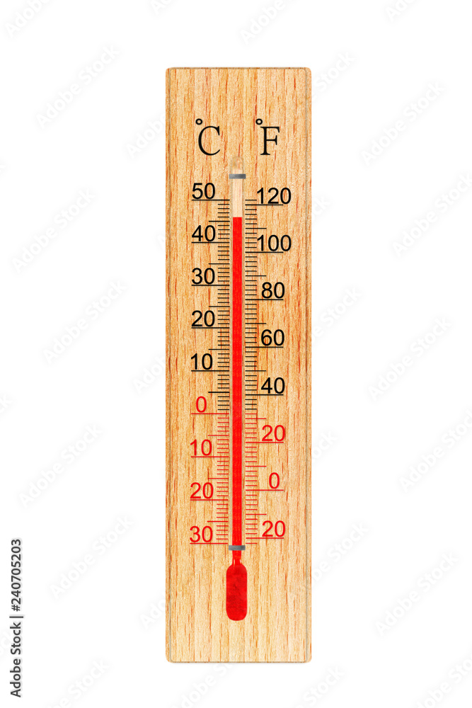 Wooden thermometer isolated on white background. Thermometer shows air  temperature plus 46 degrees celsius or plus 115 degrees fahrenheit Stock  Photo | Adobe Stock