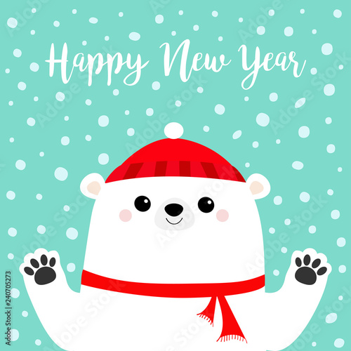 Happy New Year. White polar bear holding hands paw print. Red winter scarf, hat. Cute cartoon funny kawaii baby character. Merry Christmas. Flat design. Blue snow background. Greeting card.
