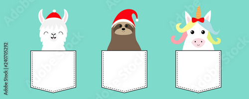 Merry Christmas. Llama alpaca, sloth, unicorn in the pocket, Red hat. Cute cartoon funny kawaii character. Happy New Year. T-shirt, greeting card, poster print. Flat design. Blue background.