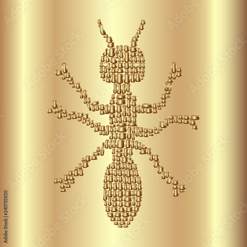 Vector illustration polished metal gold wave curved plate with a incuse ant abstract symbol. Background for design, decor, logo, print, poster, furniture and garments decoration, luxury packing.