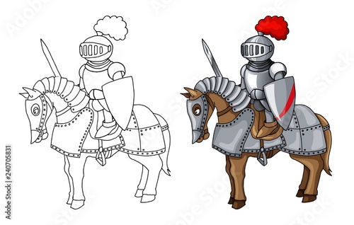 Knights Suit Body Protection Armor with Sword and Shield cartoon illustration