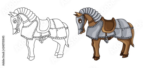 Cartoon character of war horse in armour suit illustration isolated on white