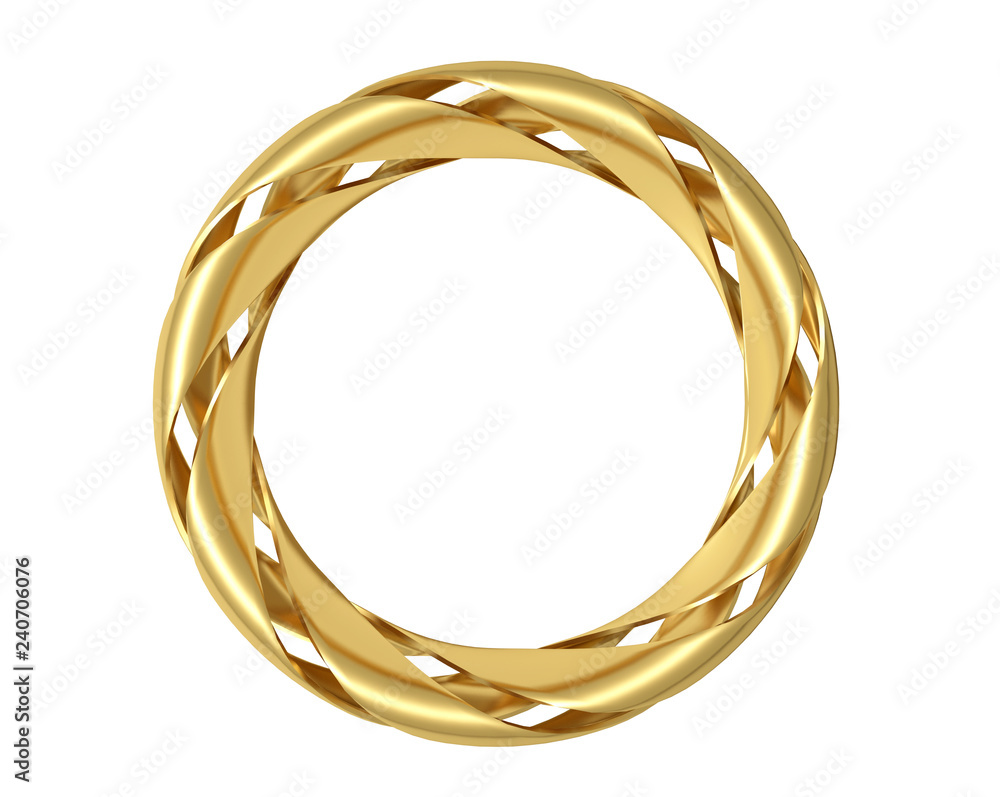 Golden curved ring on light background. 3d illustration.
