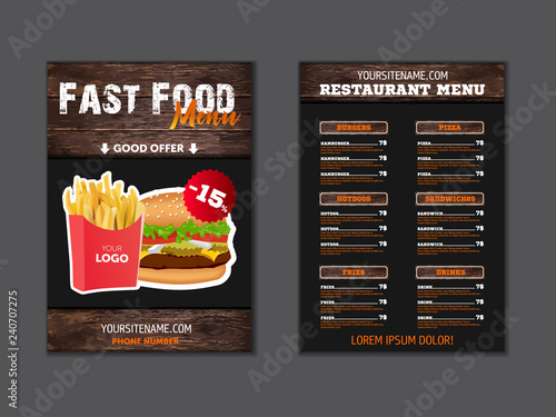 Stylish menu for fast food restaurant. blank for brochure or leaflet for fast food cafe in loft style. Vector template with wood texture elements