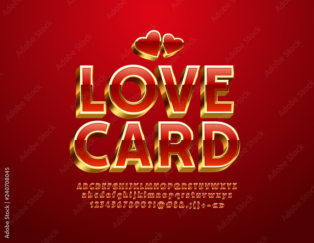 Vector chic Emblem Love Card. Red and Golden glossy Font. Exclusive Alphabet Letters, Numbers and Symbols. Vector chic Emblem Love Card. Red and Golden glossy Font. Exclusive Alphabet Letters, Numbers and Symbols.