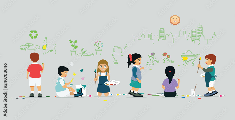 Children are drawing and coloring on gray walls. Children are drawing and coloring on gray walls.