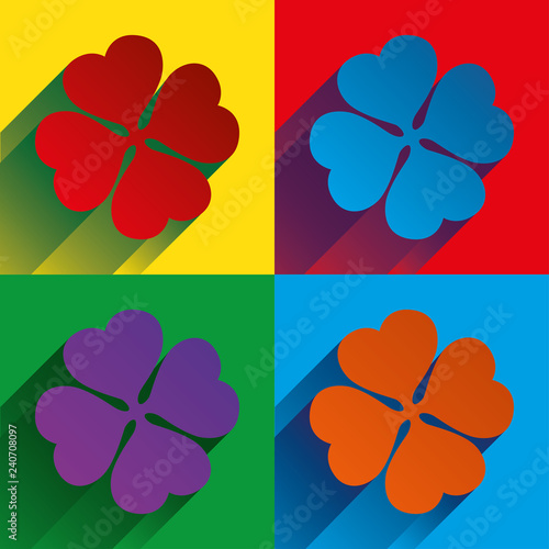Four-leaf clover.
Four leaves of clover on a multi-colored background. Vector illustration, pattern.