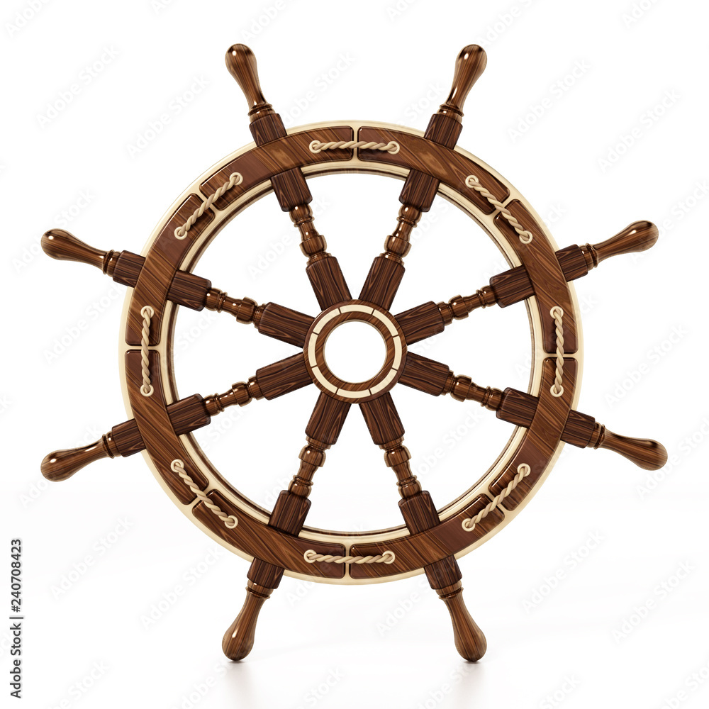 Ship wheel isolated on white background. 3D illustration