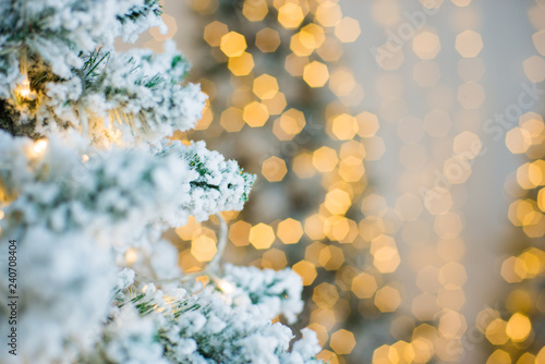 Close-up of a Christmas tree with snow on the background of a blurred bright background © mischenko
