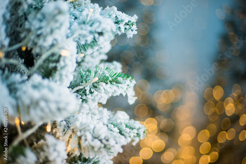 Close-up of a Christmas tree with snow on the background of a blurred bright background