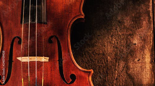 violin side crop on wood with copy space