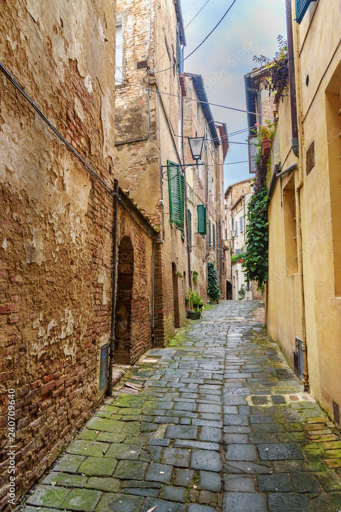 Fototapeta premium Medieval narrow street in Siena, Tuscany, Italy.