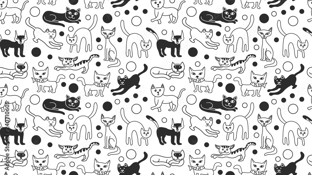 Baby omfavne Forpustet Doodle sketch cats cute seamless pattern black and white isolated. Kitten  poster, banner background template. Cats can used as print for baby  apparel, t-shirts, kids clothes, cards, packaging design. Stock Vector 