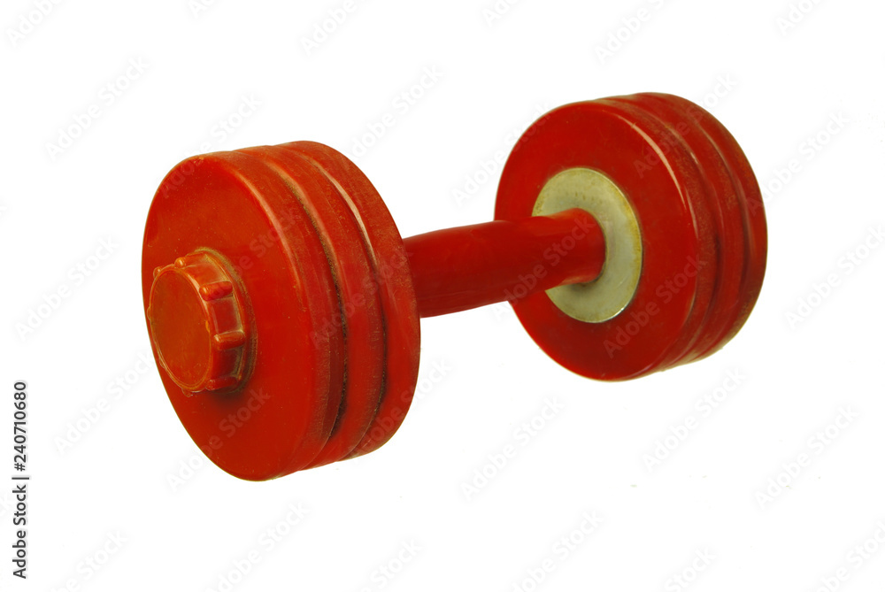 Sports equipment. Red dumbbell. Isolated on white Sports equipment. Red dumbbell. Isolated on white