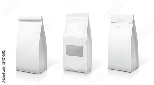 White foil paper food stand up snack bags set. Blank sachet packaging illustration. Vector template collection