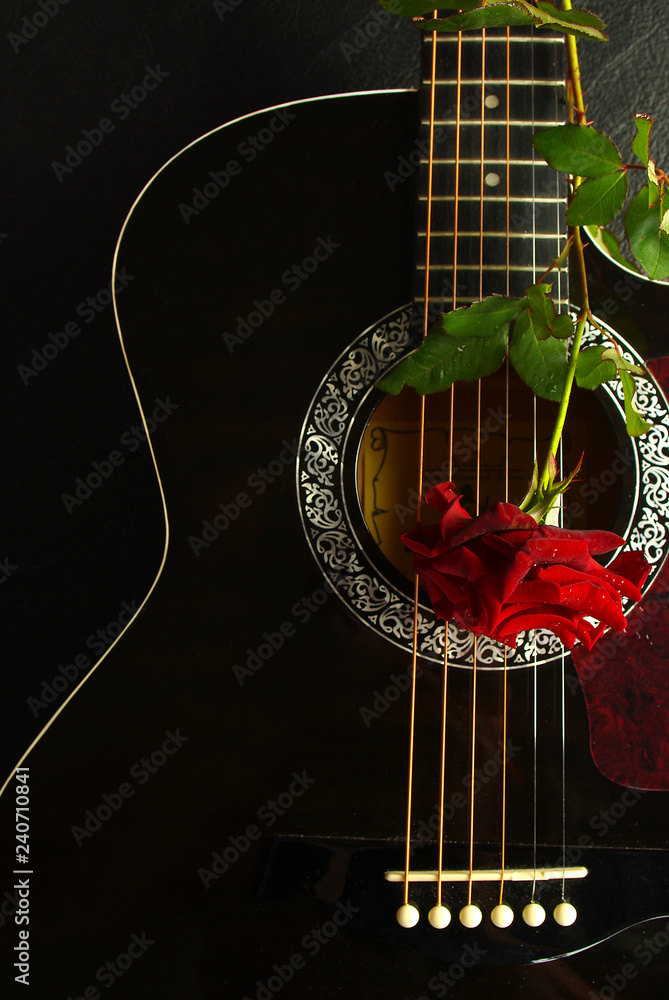 Plakát%20Acoustic%20black%20guitar%20and%20red%20rose.%20–%20Obraz%20na%20Zeď%20|%20Posters.cz