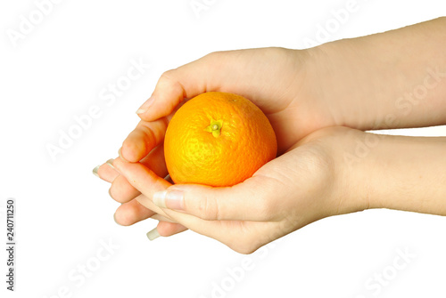 Hands of a girl holding an orange. Isolated on white.