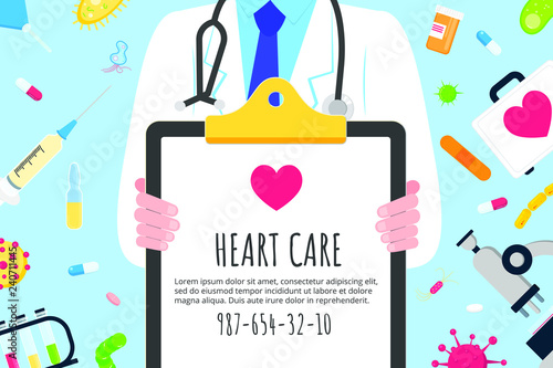 Cardiology heart care banner concept flat style design poster. Male man doctor medical employee arounded with hospital equipment and medicines. Medical awareness heart disease day banner.