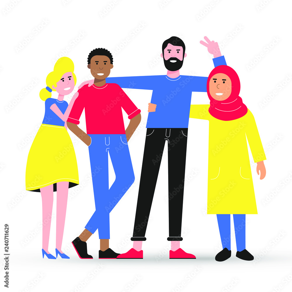 Happy friends from all around the World hugging, happy international friendship day flat style design character vector illustration isolated on white background. Diversity and no limits friendship. Happy friends from all around the World hugging, happy international friendship day flat style design character vector illustration isolated on white background. Diversity and no limits friendship.