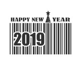 New Year and Christmas celebration card template. Happy New Year text. Bar code with 2019 number. Illustration relative to holiday sales