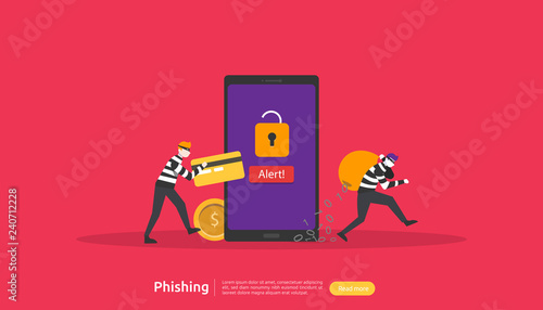 internet security concept with tiny people character. password phishing attack. stealing personal data. web landing page, banner, presentation, social, and print media template. Vector illustration