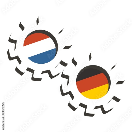 Partnership concept. Netherlands and Germany association. Gears textured by flag