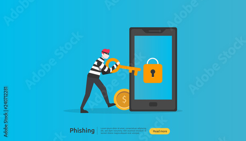 internet security concept with tiny people character. password phishing attack. stealing personal data. web landing page, banner, presentation, social, and print media template. Vector illustration