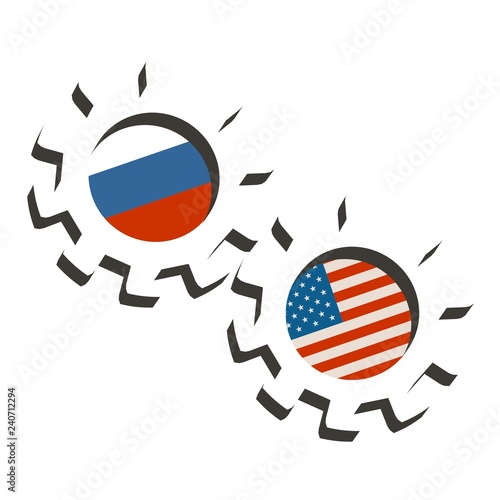 Partnership concept. Russia and USA association. Gears textured by flag