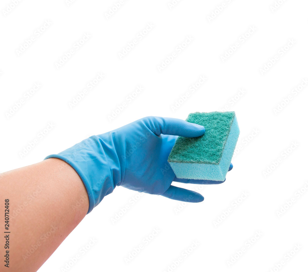 The concept of cleaning. Hand in rubber glove with economic sponge