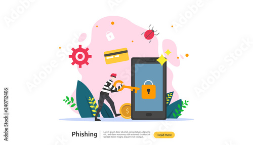 password phishing attack concept landing page template. heacker stealing personal internet security with tiny people character. web, banner, presentation, social, and print media. Vector illustration