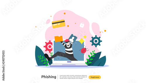 password phishing attack concept landing page template. heacker stealing personal internet security with tiny people character. web, banner, presentation, social, and print media. Vector illustration