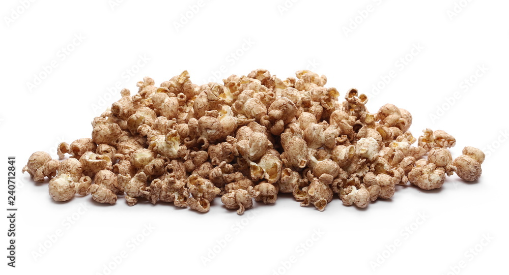 Chocolate flavored popcorn isolated on white background Chocolate flavored popcorn isolated on white background