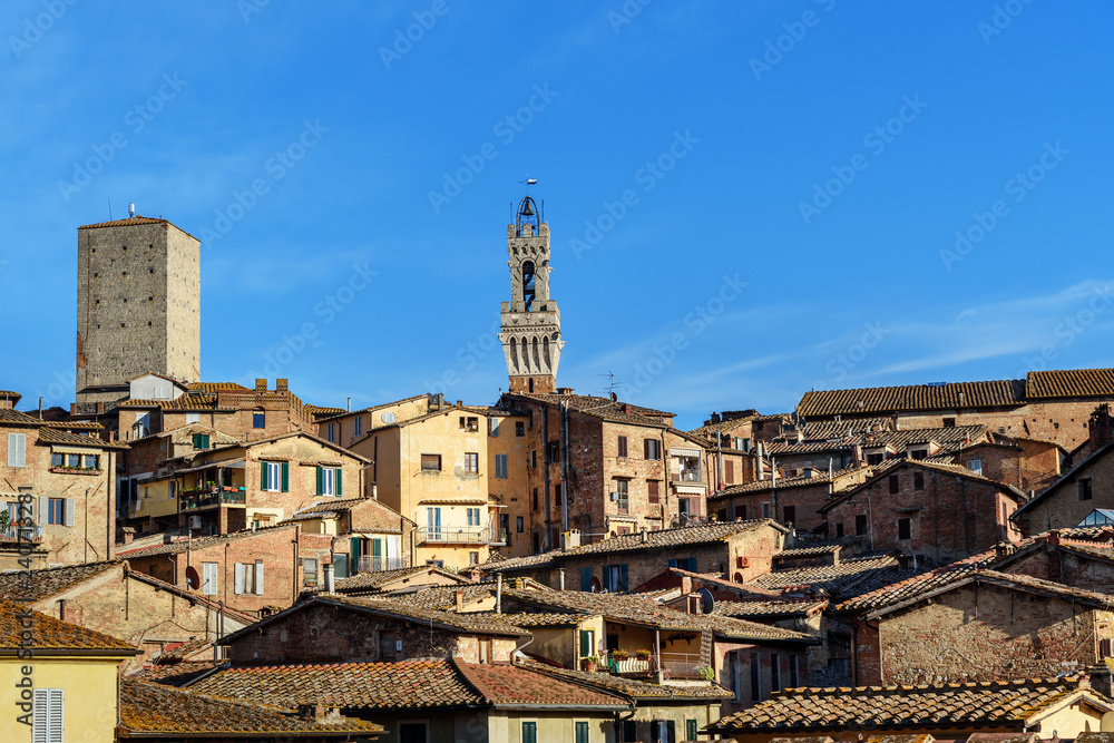 View on Siena with Torre del Mangia Tower from Basilica di San Domenico. Italy