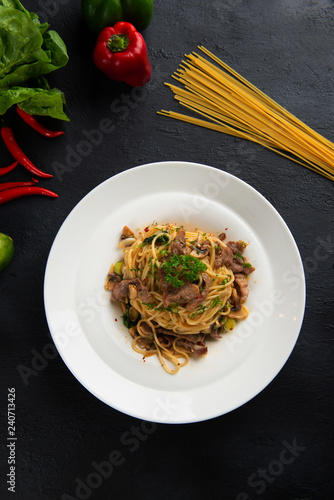spaghetti with iberico pork flat lay view