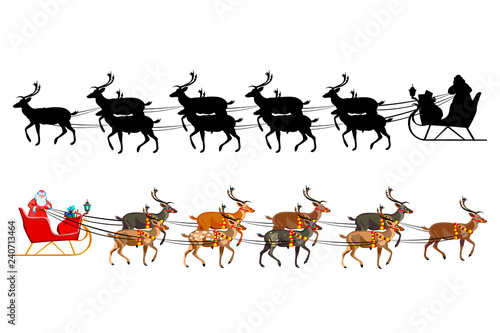 Santa Claus on a sleigh with reindeer, with a handful of gifts. Silhouette of santa claus.