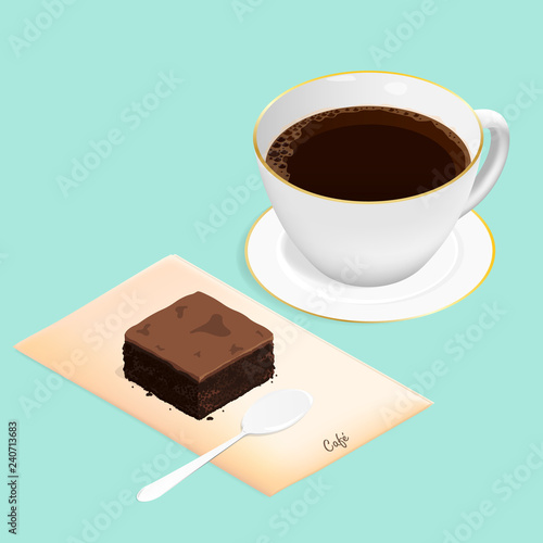 isometric brownie chocolate cake and coffee vector