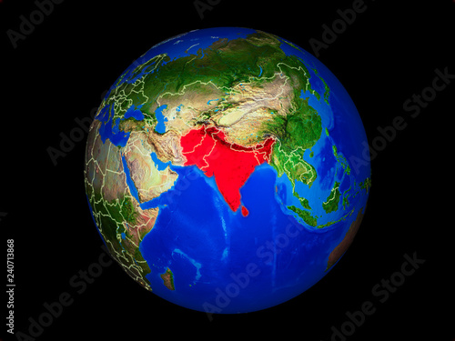 South Asia on planet planet Earth with country borders. Extremely detailed planet surface.