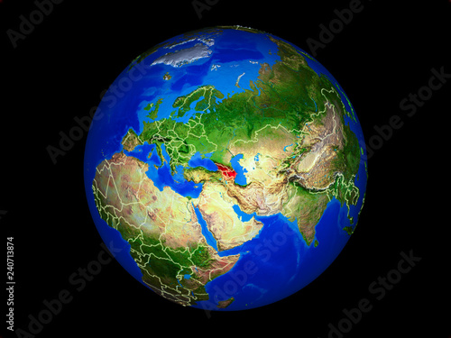 Caucasus region on planet planet Earth with country borders. Extremely detailed planet surface.