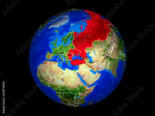 Black Sea Region on planet planet Earth with country borders. Extremely detailed planet surface.