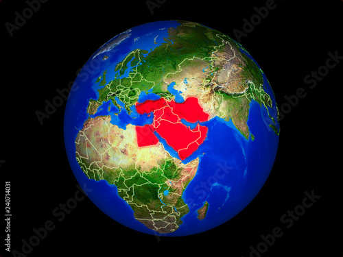 Middle East on planet planet Earth with country borders. Extremely detailed planet surface.