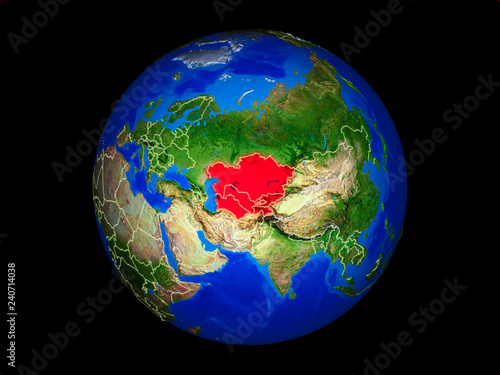 Central Asia on planet planet Earth with country borders. Extremely detailed planet surface.