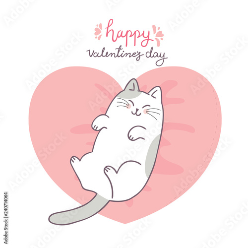 Cartoon cute Valentines day cat and love vector.