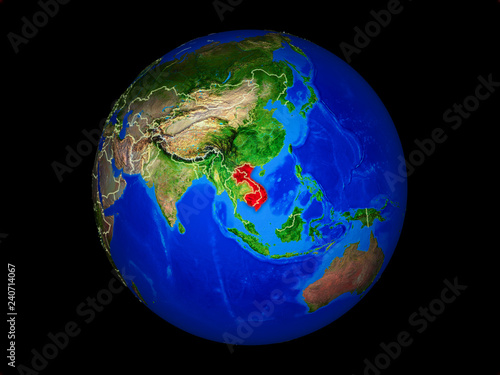 Indochina on planet planet Earth with country borders. Extremely detailed planet surface.