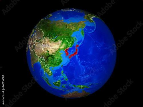 Japan and Korea on planet planet Earth with country borders. Extremely detailed planet surface.