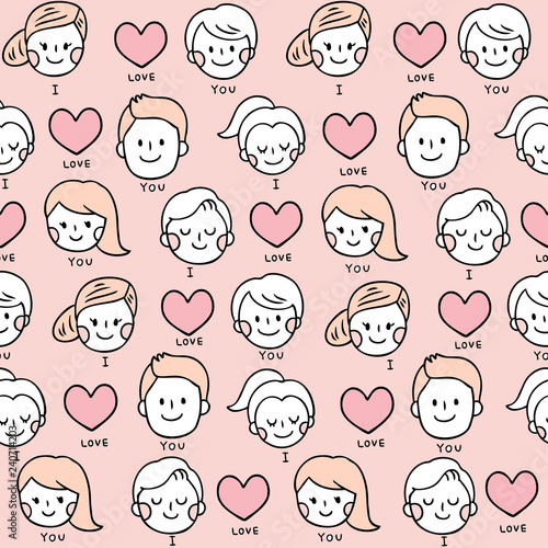 Cartoon cute Valentines day couple and love vector seamless pattern.