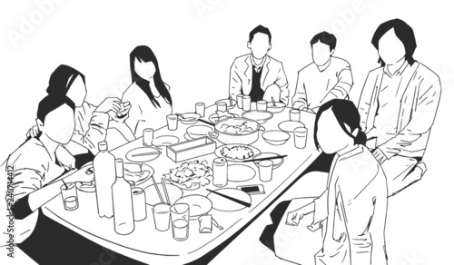 Illustration of multi ethnic people students having dinner party celebration in black and white