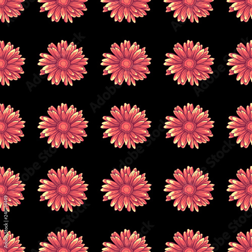 Seamless pattern with pink and orange daisy flowers on black background