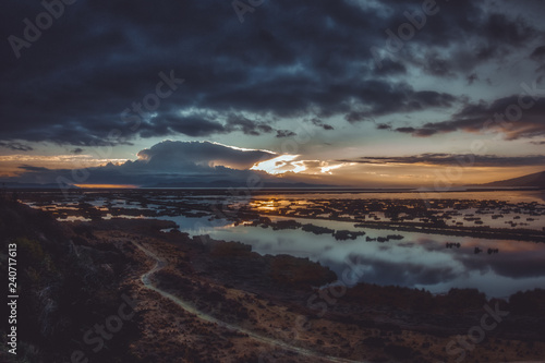 Colors of sunrise over Lake Titicaca in Peru